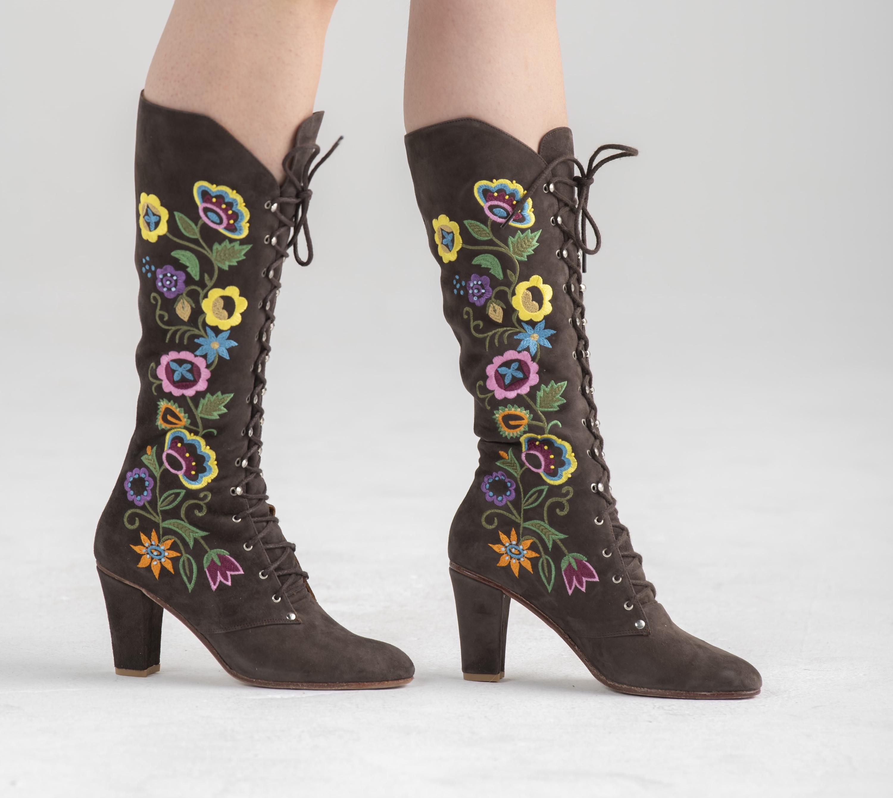 1960s Suede Embroidered Lace up Boots - Dark Brown - All Sizes