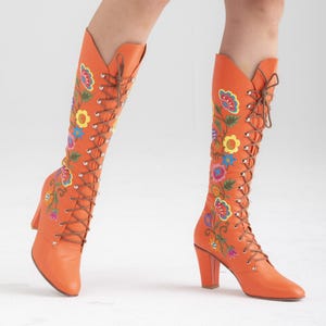 1960s embroidered leather lace up boots - all sizes - orange leather Almost Famous - 1960s embroidered boot - 60s boots Jerry Edouard style
