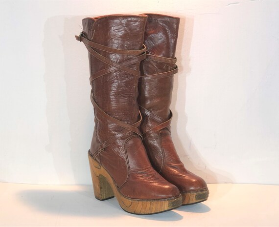 1970s Zodiac brown leather tigerwood platform boot
