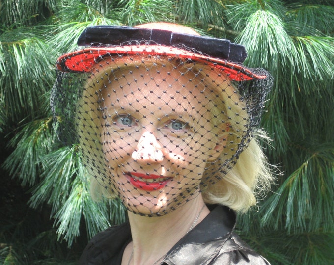 1940s Red Straw Boater Hat With Blue Trim and Net Etsy