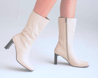 Stivaletti in pelle beige - Tutte le taglie - Stivali con tacco a punta quadrata fatti a mano