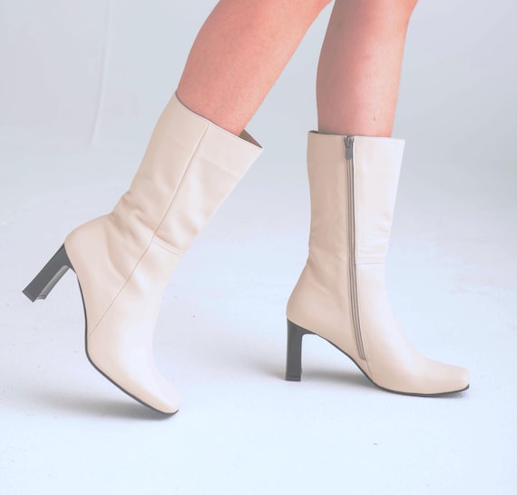 Minimalist Square toe Ankle Boots All Sizes Beige Leather Boots Handmade Calf Boots Slim Modern Heels and Padded Insoles Etsy