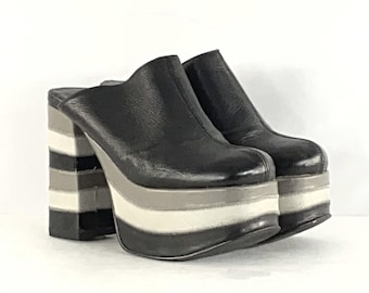 90s El Dantes Platform Mules: Black & Grey Leather Shoes, Size 7.5