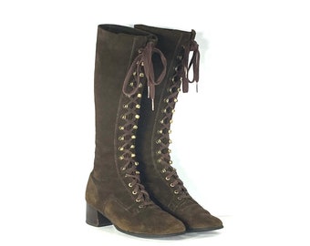 1970s brown suede lace up boots - size 7 - 1970s brown suede boots  - 1970s lace up boots - 1970s lace-up boots - 1970s hippie boots
