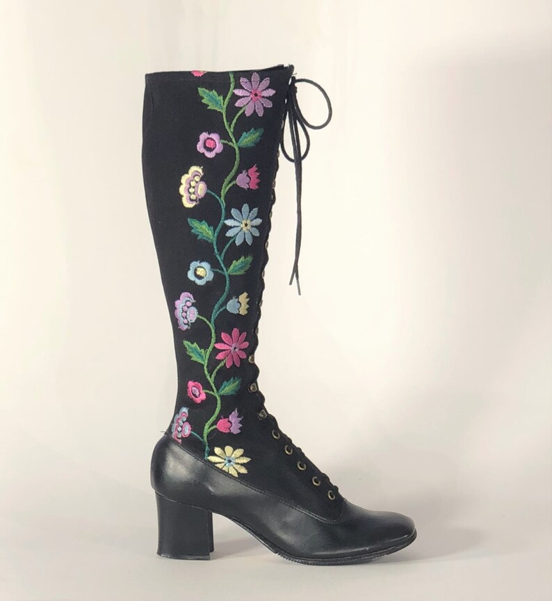 1960s Black Embroidered Lace up Boots Size 6 1960s Lace up Etsy