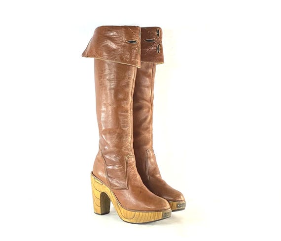 1970s Zodiac Leather Platform Boots: Tall Boho Cuffs, Size 6