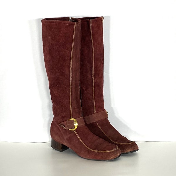 Bottes bordeaux des années 70 - Taille 7 - Bottes en daim des années 70 avec boucle latérale - Bottes des années 70 en daim bordeaux - Bottes mod des années 70