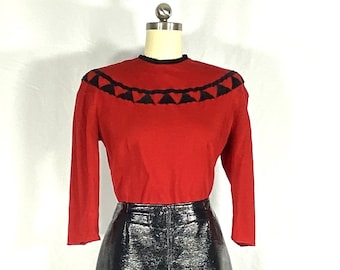 1940s red and black knit sweater - small - 1940s sweater in red wool with black velvet trim - 1940s red sweater