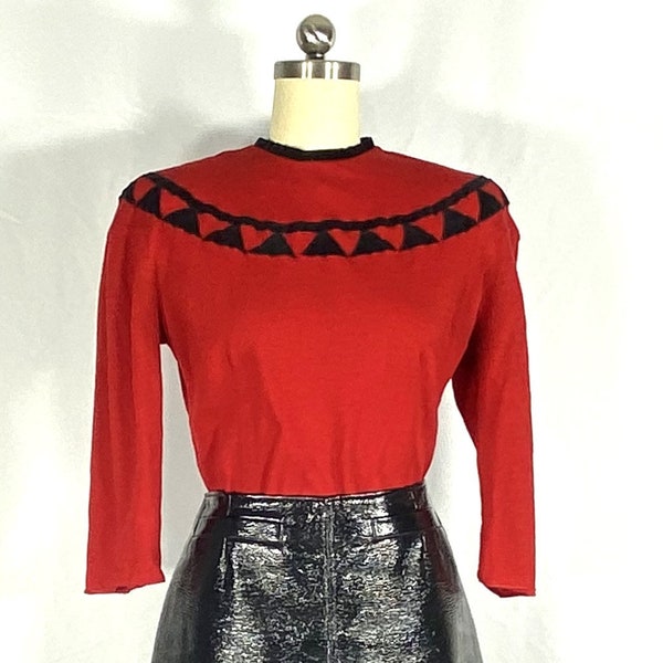 1940s red and black knit sweater - small - 1940s sweater in red wool with black velvet trim - 1940s red sweater