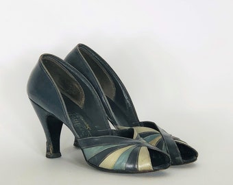 1940s grey leather shoes - size 7.5 - 1940s shoes - 1940s pumps - 1940s grey shoes