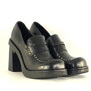 1990s platform shoes - size 8 - 1990s black leather platforms with studs and wooden heels - 1990s platform loafers - Y2K shoes black leather