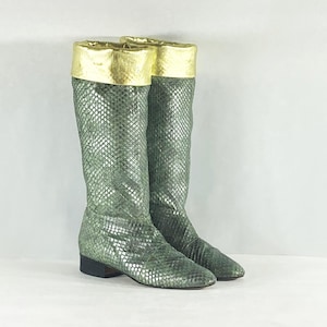 Botas vintage de piel de serpiente metalizada de Carlos Falchi de los años 80, talla 6