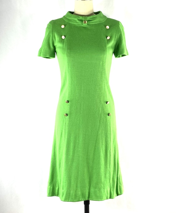 1960s Mod Mini Dress: Green Cotton, Brass Buttons, Cowl Neck - Small