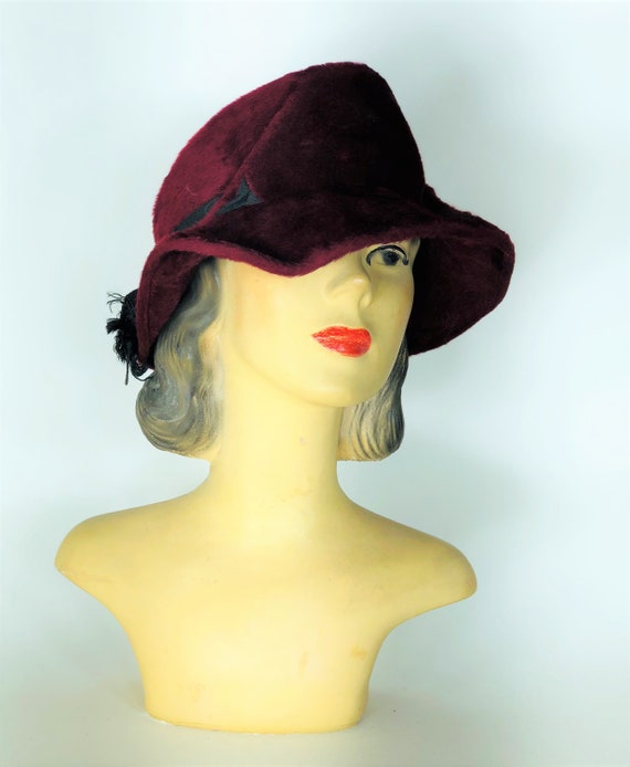 1960s felt fedora - size 22 - 1960s maroon cloche 