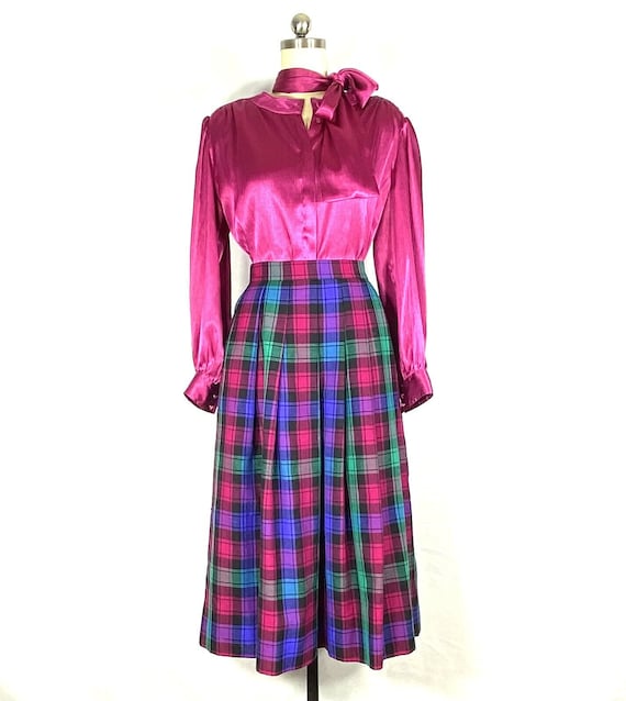 1960s magenta and green plaid pleated skirt - sma… - image 1