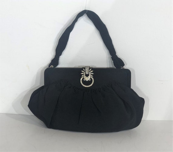 1930s Art Deco black fabric evening bag with elabo
