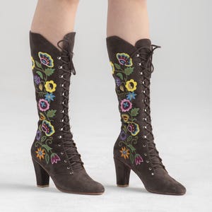 1960s Suede Embroidered Lace Up Boots - Dark Brown - All Sizes - Jerry Edouard style