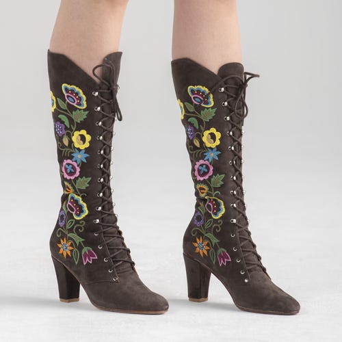 1960s Suede Embroidered Lace up Boots - Dark Brown - All Sizes