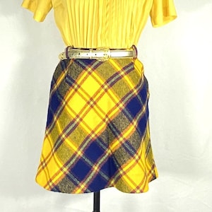 1960s yellow and blue plaid wool mini skirt small 1960s mini skirt 1960s plaid skirt 1960s mod skirt with bright colors image 1