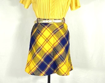 1960s Plaid Wool Mini Skirt: Yellow & Blue Mod Style (Small)