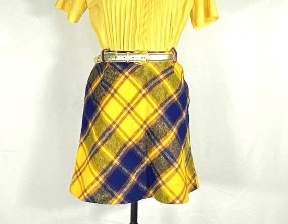 1960s yellow and blue plaid wool mini skirt - sma… - image 1