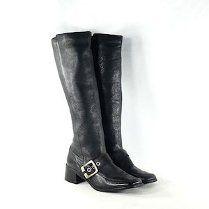 1960s mod black leather boots - size 9 - 1960s black leather boots - 1960s mod boots - square toes and buckle - 1960s leather go go boots