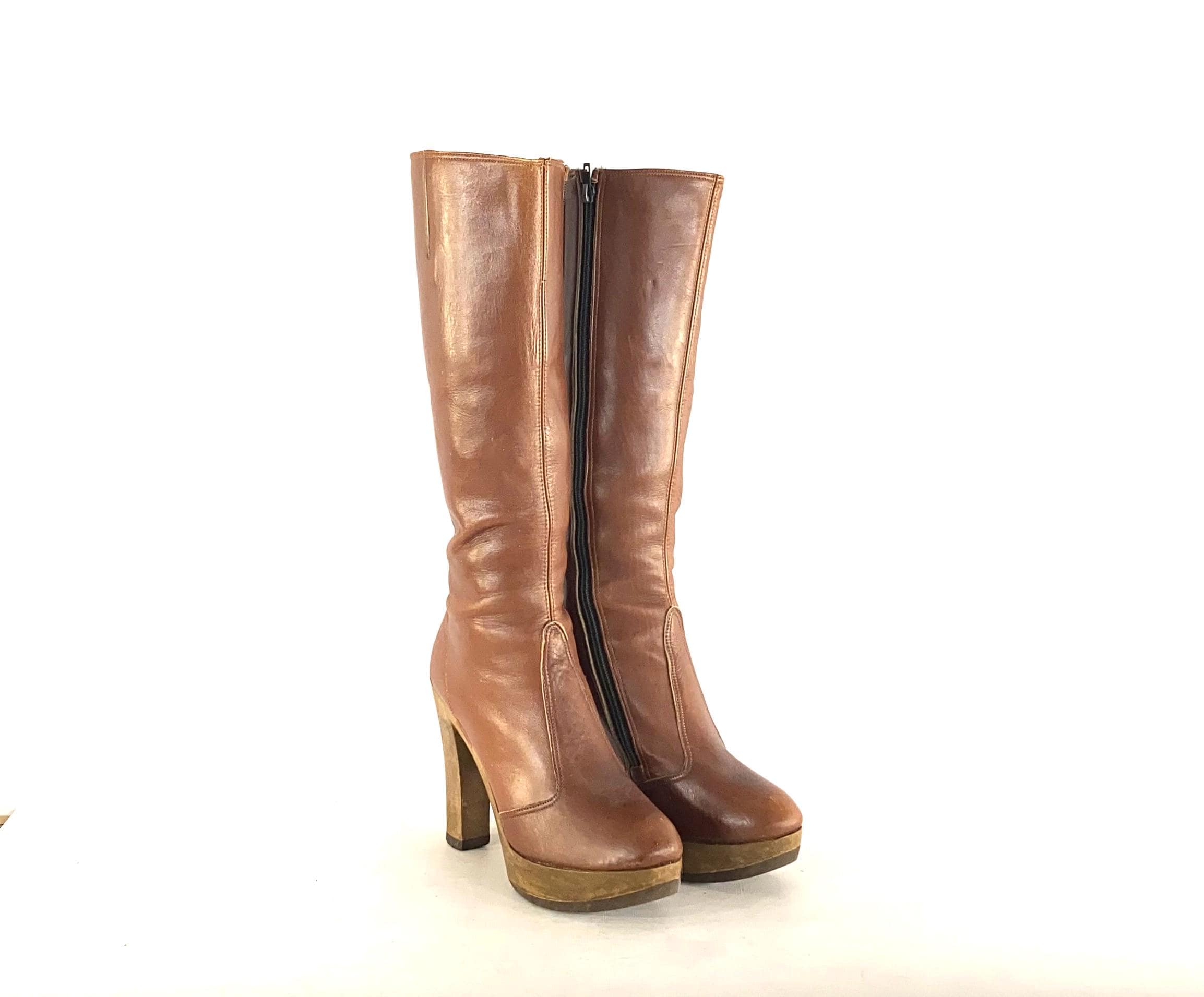1970s Sbicca Platform Boots - Size 8 - 1970s Brown Leather