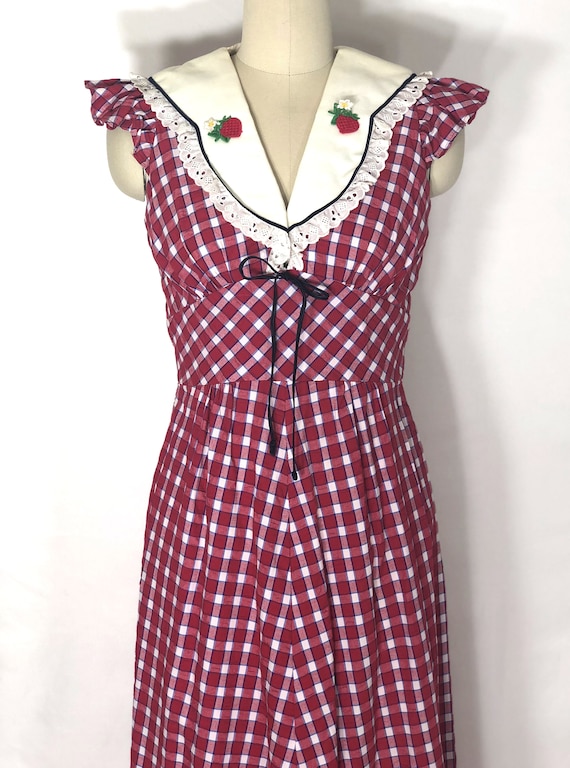 1970s red and white checked maxi dress - small - … - image 5