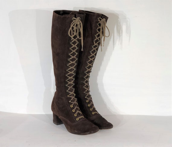 1960s brown suede lace up boots - size 8 - 1960s l