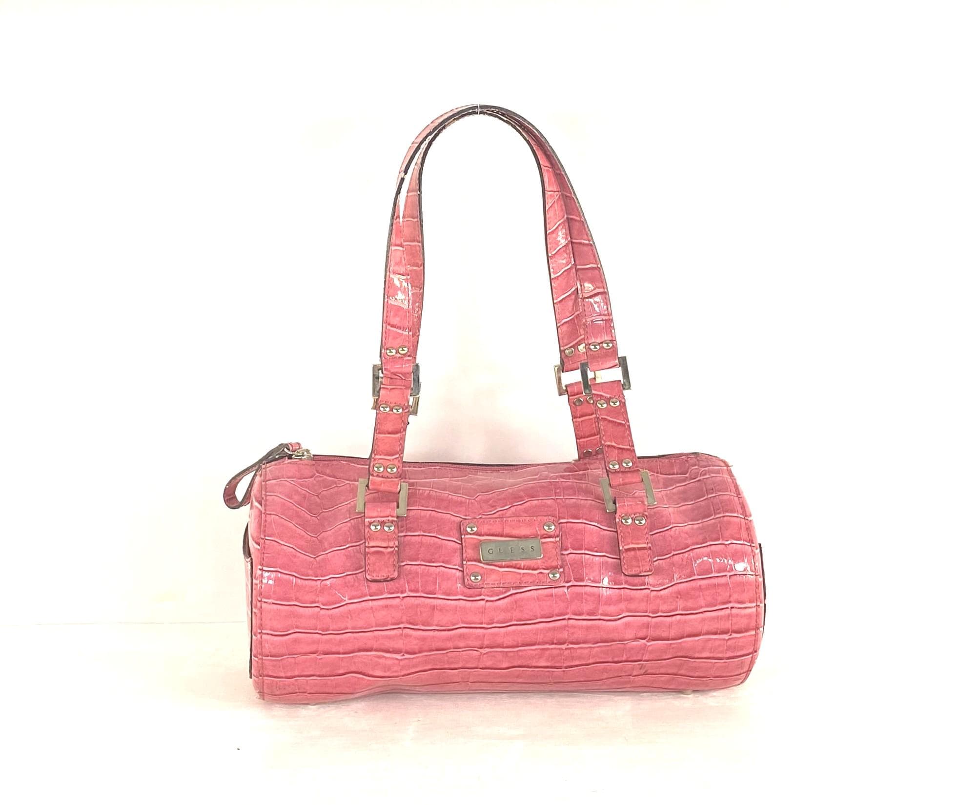 Vintage Guess Y2K Pink Vinyl Faux Croc Barrel Bag With Chrome