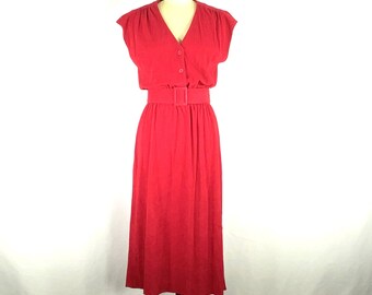 Vestido de vaina de tela de felpa roja de la década de 1970 - mediano - Vestido rojo de la década de 1970 con cinturón a juego - Vestido de vaina de tela de felpa francesa de la década de 1970