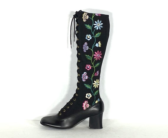 1960s black embroidered lace up boots - size 6 - … - image 4