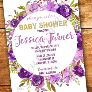 Purple Baby Shower Uitnodiging - Aangepaste Digitale PDF