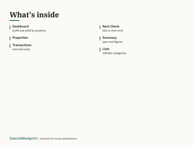 May include: A digital document titled What's inside, listing features including Dashboard for profit and yield, Properties, Transactions for rent and costs, Rent Check for late or short rent, Summary for year-end figures, and Lists for editable categories.