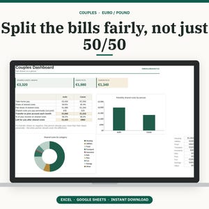 May include: A digital dashboard displayed on a screen titled Couples Dashboard, featuring financial data, tables, a bar chart, and a pie chart. The text reads Split the bills fairly, not just 50/50, Couples, Euro/Pound, Excel, Google Sheets, Instant Download.