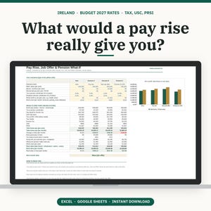 May include: A digital spreadsheet displayed on a laptop screen titled What would a pay rise really give you? featuring Ireland Budget 2027 rates, tax, USC, and PRSI. The interface includes a Pay Rise, Job Offer & Pension What-If table and a bar chart.
