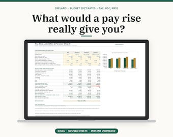 May include: A digital spreadsheet displayed on a laptop screen titled What would a pay rise really give you? featuring Ireland Budget 2027 rates, tax, USC, and PRSI. The interface includes a Pay Rise, Job Offer & Pension What-If table and a bar chart.