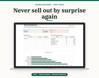 中小企業、Etsyセラー、ブティック向けの在庫管理スプレッドシート、在庫トラッカー、材料費、在庫不足アラート、ユーロ/ポンド対応のGoogleスプレッドシート