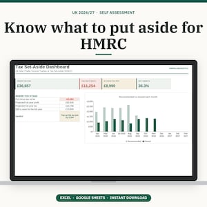 May include: A digital Tax Set-Aside Dashboard displayed on a laptop screen, featuring financial data for UK 2026/27 self-assessment. The interface includes profit tracking, tax estimates, a savings pot, and a bar chart showing monthly recommended versus moved funds.