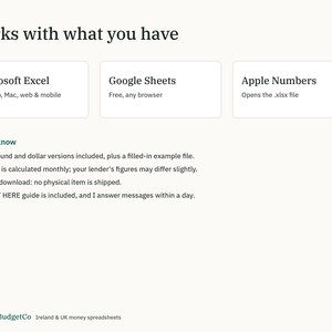 Puede incluir: Un gr&aacute;fico informativo titulado Works with what you have, que enumera la compatibilidad con Microsoft Excel, Google Sheets y Apple Numbers. Incluye una secci&oacute;n Good to know que detalla versiones de moneda, c&aacute;lculo de intereses y acceso.