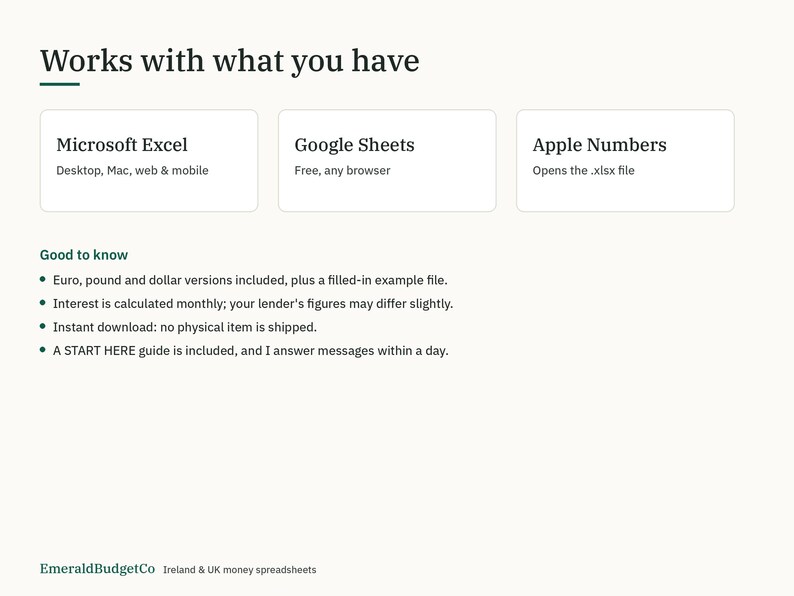 Puede incluir: Un gr&aacute;fico informativo titulado Works with what you have, que enumera la compatibilidad con Microsoft Excel, Google Sheets y Apple Numbers. Incluye una secci&oacute;n Good to know que detalla versiones de moneda, c&aacute;lculo de intereses y acceso.