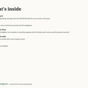 May include: A digital spreadsheet document titled What's inside, listing features including a Dashboard for income and spending, Setup for 6 income sources, a Paycheck Plan, 12 month tabs, and an Annual summary by category. EmeraldBudgetCo branding.
