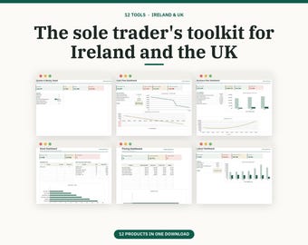 個人事業主および小規模事業者向けバンドル（アイルランド、英国）、税金積立、請求書RCT CIS、キャッシュフロー、Etsy手数料計算ツール、走行距離、シート