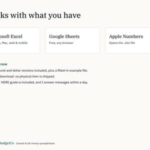 以下が含まれることがあります： Works with what you haveというタイトルのデジタルスプレッドシート情報グラフィック。Microsoft Excel、Google Sheets、Apple Numbersとの互換性が記載されています。ユーロ、ポンド、ドルのバージョンが含まれている旨のテキストも記載されています。