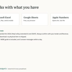 May include: A digital information graphic titled Works with what you have, listing compatibility with Microsoft Excel, Google Sheets, and Apple Numbers. It includes a Good to know section with notes on rules, instant download, and a guide.