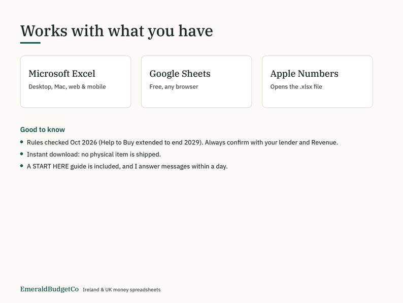 May include: A digital information graphic titled Works with what you have, listing compatibility with Microsoft Excel, Google Sheets, and Apple Numbers. It includes a Good to know section with notes on rules, instant download, and a guide.