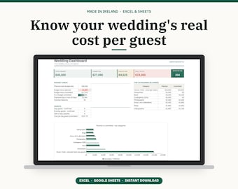 アイルランドの結婚式予算プランナースプレッドシート、ゲスト一人当たりの結婚式費用、サプライヤーへの入金トラッカー、ゲストリスト、Excel Google スプレッドシート