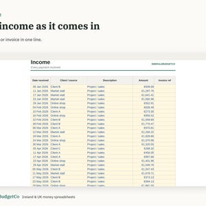 Może przedstawiać: Cyfrowy arkusz kalkulacyjny do śledzenia dochod&oacute;w zatytułowany 03 INCOME Log income as it comes in. Tabela zawiera kolumny z datą otrzymania, klientem lub źr&oacute;dłem, opisem, kwotą w euro oraz numerem faktury dla r&oacute;żnych transakcji biznesowych.