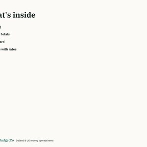 May include: A digital document titled What's inside, listing features including Trips log, Monthly totals, Dashboard, and Settings with rates. The bottom text reads EmeraldBudgetCo Ireland & UK money spreadsheets on a light background.
