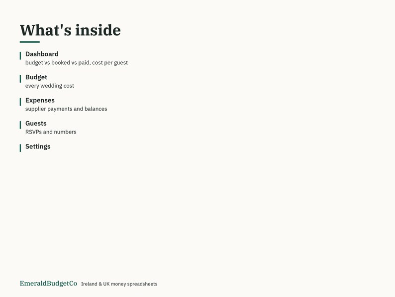 May include: A digital document titled What's inside, listing sections including Dashboard for budget vs booked vs paid, Budget for wedding costs, Expenses for supplier payments, Guests for RSVPs, and Settings. EmeraldBudgetCo is at the bottom.